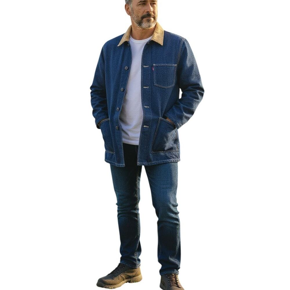 Levi's Denim Chore Coat Cypress Mens Small Dark Indigo Rinse Mid Length Button